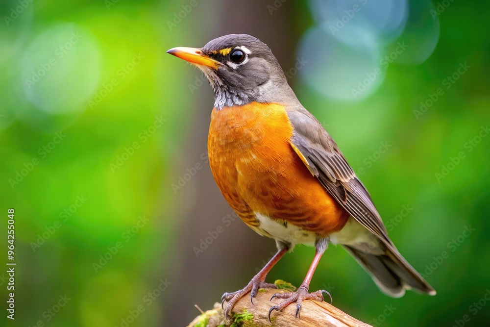 Close-Up Photo Of A Perched American Robin Bird With A Blurred Woodland Background. Close-Up Photo Of A Perched American Robin Bird With A Blurred Woodland Background.