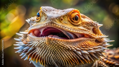 Close-Up Portrait Of A Bearded Dragon With An Angry Expression And Flaring Beard Against A Blurred Background