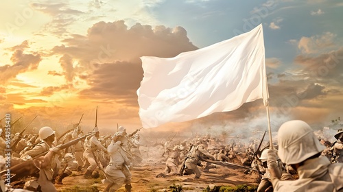 Soldiers raise a white flag of surrender during a battle. photo