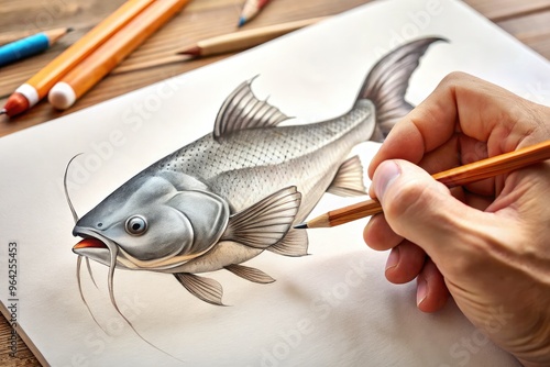 Close-Up Shot Of A Hand Drawing A Catfish On White Paper With A Pencil, With A Pencil Sharpener And Shavings Nearby photo