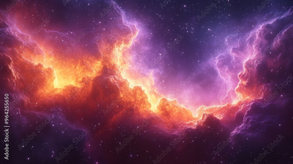Fototapeta premium A vibrant nebula with bright, fiery colors and swirling clouds of gas and dust against a backdrop of twinkling stars.