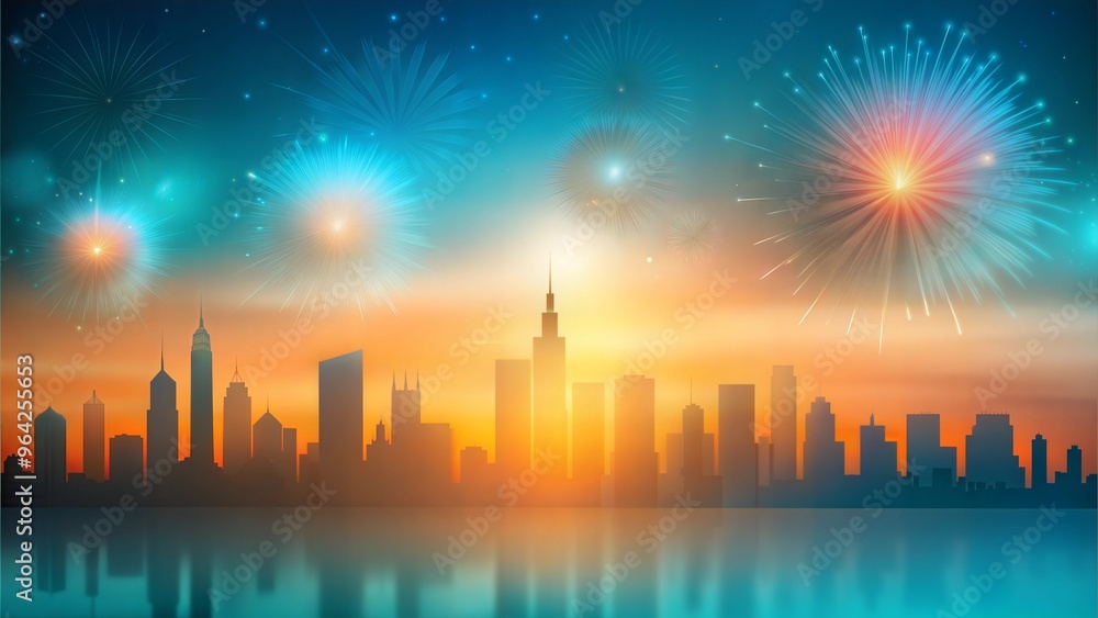 Stunning city skyline at sunset with fireworks illuminating the sky for a festive atmosphere Stunning city skyline at sunset with fireworks illuminating the sky for a festive atmosphere