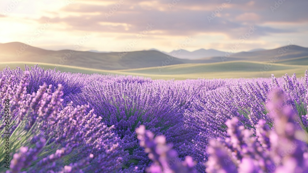 Obraz premium Lavender fields in full bloom under a sunset sky in a serene rural landscape, with rolling hills and mountains in the background