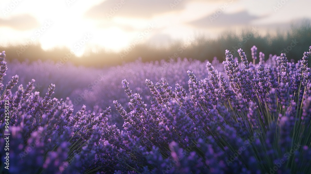 Obraz premium Lavender field at sunset showcasing vibrant purple flowers under a golden sky in the countryside