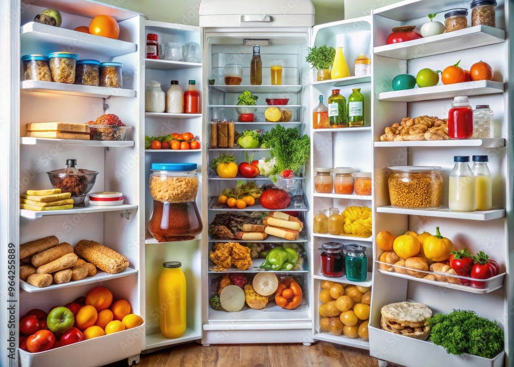 Cluttered refrigerator overflowing with expired snacks, sugary drinks, and processed meals, reflecting unhealthy eating habits and chaotic kitchen organization. Cluttered refrigerator overflowing with expired snacks, sugary drinks, and processed meals, reflecting unhealthy eating habits and chaotic kitchen organization.