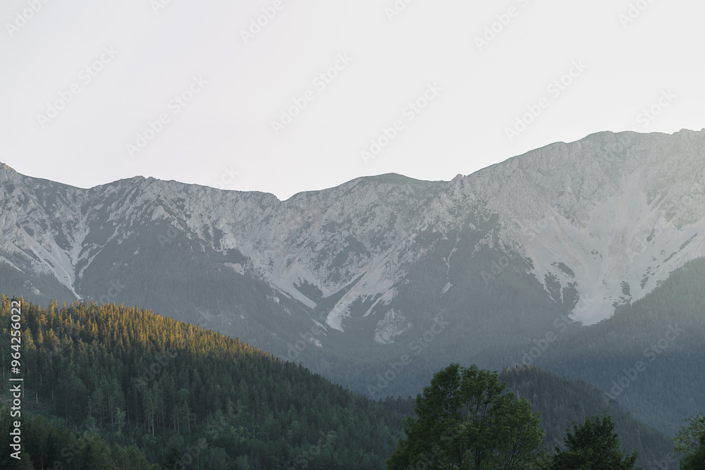 Obraz premium A serene view of majestic mountains, with their rocky peaks towering above dense forests. The sunlight gently illuminates the treetops, creating a beautiful contrast between the dark greenery and the 