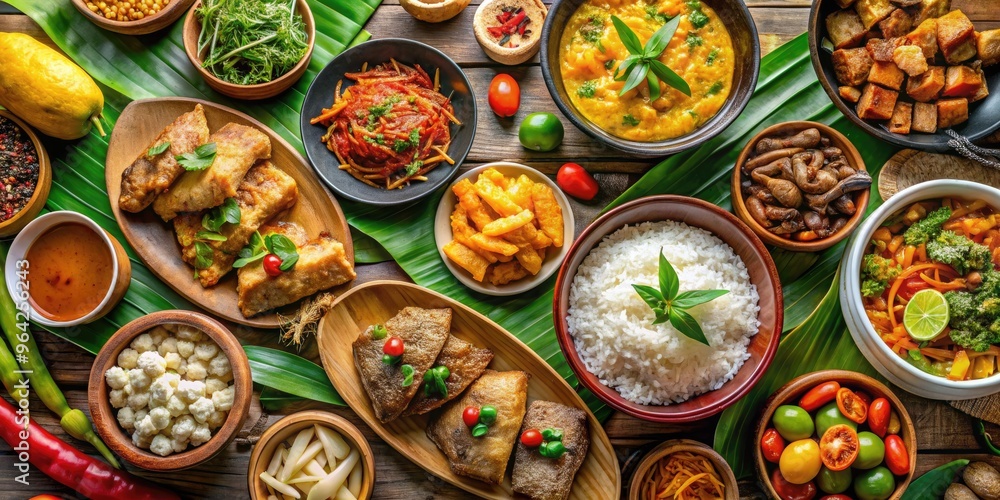 Fototapeta premium Colorful And Vibrant Assortment Of Traditional Filipino Dishes Featuring Rice, Noodles, Stews, And Desserts