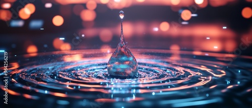 Abstract scene of digital water drop forming pixelated patterns, surrounded by sleek light effects in a modern tech setting photo