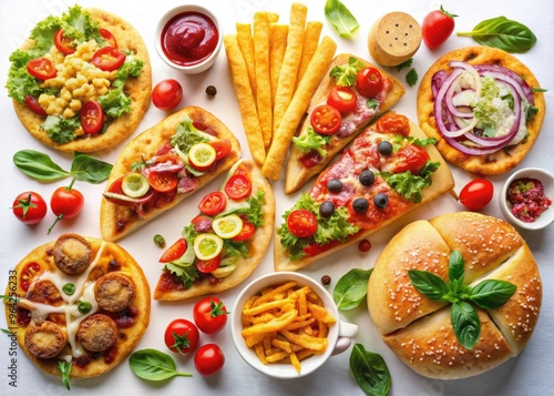 Colorful arrangement of iconic global cuisine, including pizza, tacos, sushi, burgers, and fries, against a clean white background, tempting the viewer's taste buds.