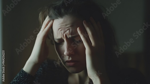 A young woman holds her head in her hands, looking distressed.