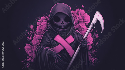 A stylized reaper figure with a skull and scythe, set against vibrant pink flowers, blending dark themes with pop art elements. photo