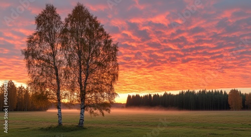 A breathtaking sunrise fills the sky with color as mist rises over a tranquil field, highlighting two birch trees against a lush forest backdrop photo