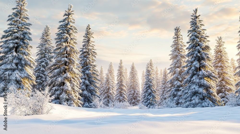 Winter landscape with snow-covered pine trees at sunrise in a tranquil forest setting Winter landscape with snow-covered pine trees at sunrise in a tranquil forest setting