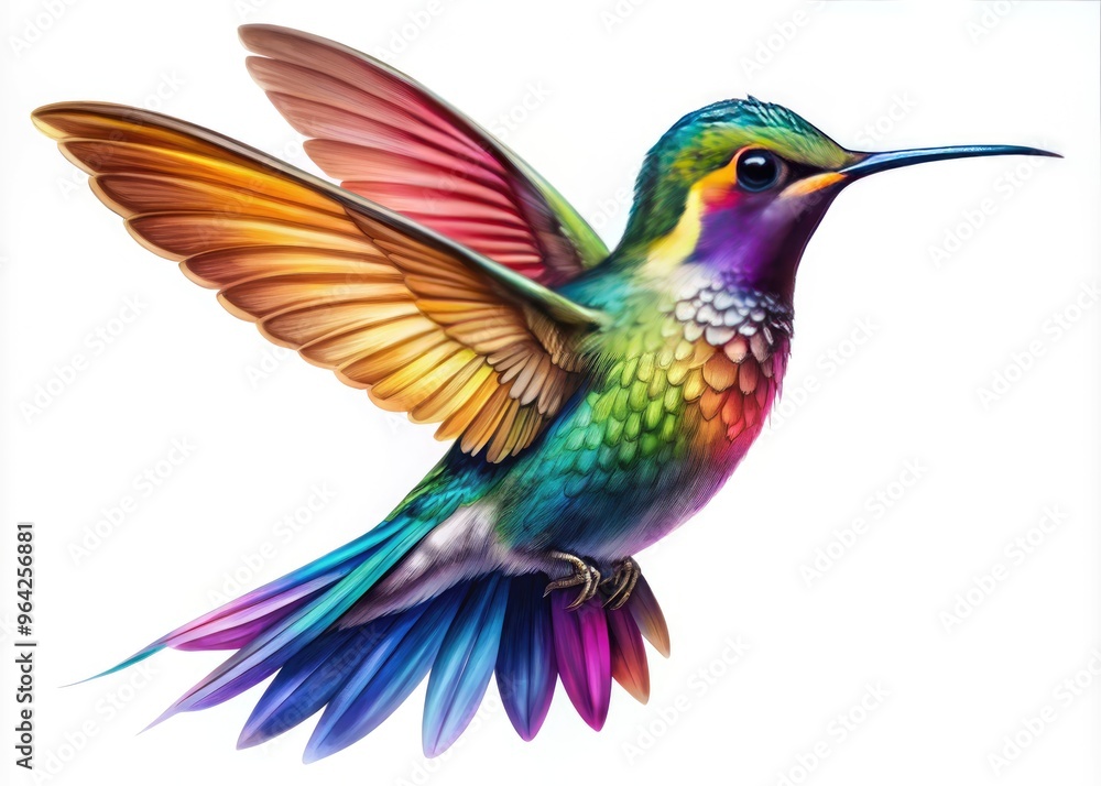 Fototapeta premium Colorful illustration of a hummingbird's gradual creation, showcasing detailed step-by-step drawing process from simple shapes to fully feathered, iridescent bird in mid-flight.