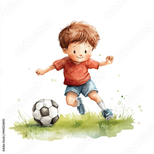 cute kid playing soccer watercolor clipart