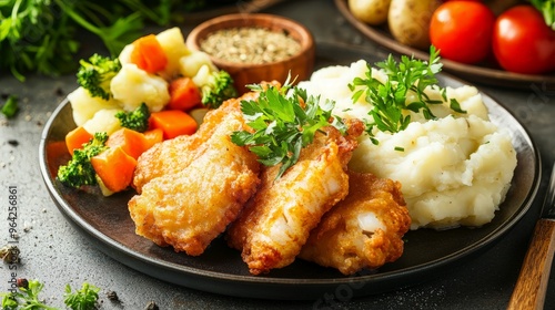 Delicious Fried Fish with Mashed Potatoes and Vegetables