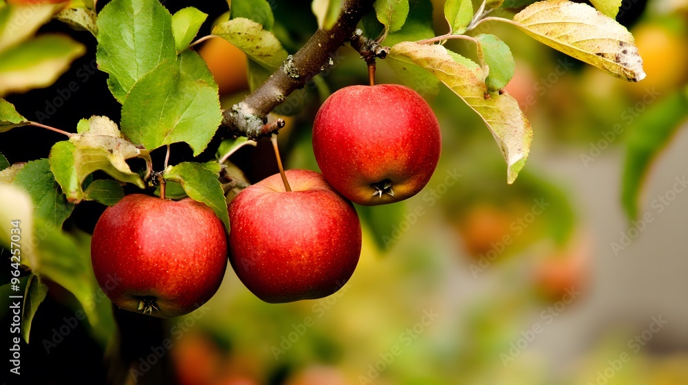 Red apples hang from a tree branch, surrounded by green leaves. Red apples hang from a tree branch, surrounded by green leaves.