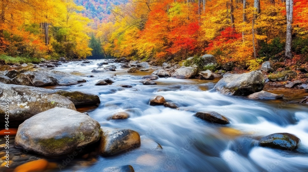 A river flowing through a forest with rocks and trees, AI A river flowing through a forest with rocks and trees, AI