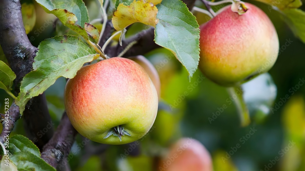 Red and yellow apples hanging from a tree branch. Red and yellow apples hanging from a tree branch.