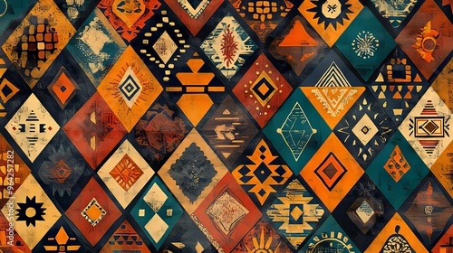 Abstract Geometric Pattern with Diamond Shapes in Orange, Teal, and Black Tones photo