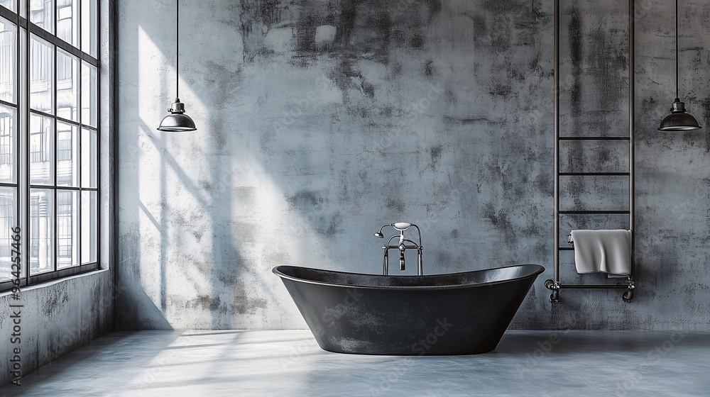 A spacious bathroom with a minimalist industrial design, featuring concrete flooring, a freestanding black bathtub, and metal pendant lighting. The walls have a raw, unfinished look A spacious bathroom with a minimalist industrial design, featuring concrete flooring, a freestanding black bathtub, and metal pendant lighting. The walls have a raw, unfinished look