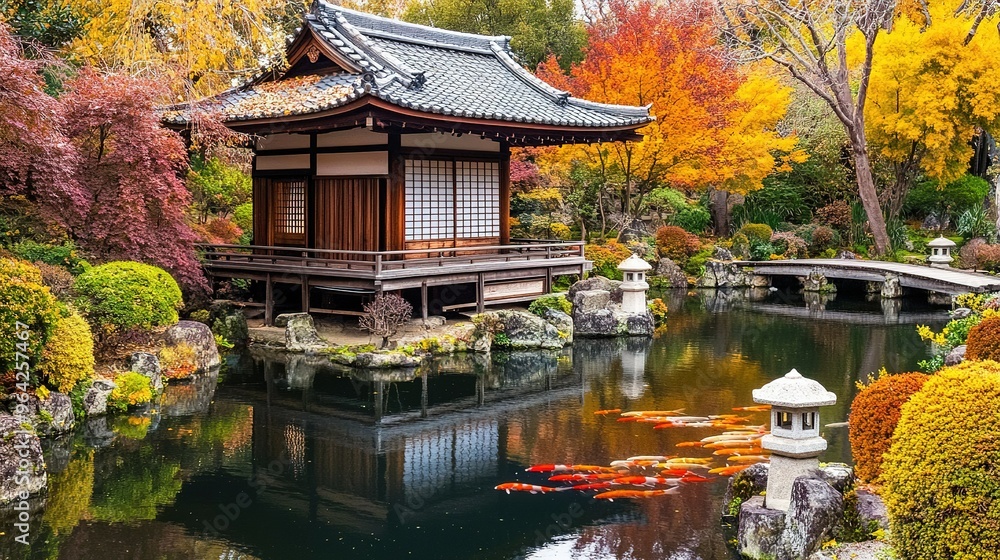 Autumn tranquility in a Japanese garden featuring vibrant foliage, koi pond, and traditional architecture in serene surroundings Autumn tranquility in a Japanese garden featuring vibrant foliage, koi pond, and traditional architecture in serene surroundings