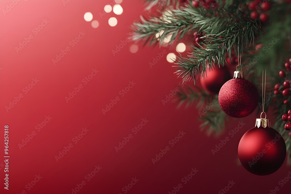 A red background with a Christmas tree and red ornaments hanging from it A red background with a Christmas tree and red ornaments hanging from it