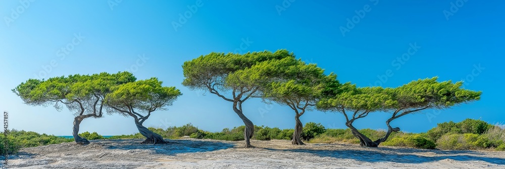 Three trees are standing in a field with a blue sky in the background. The trees are tall and green, and they are spread out across the field. The scene is peaceful and serene Three trees are standing in a field with a blue sky in the background. The trees are tall and green, and they are spread out across the field. The scene is peaceful and serene
