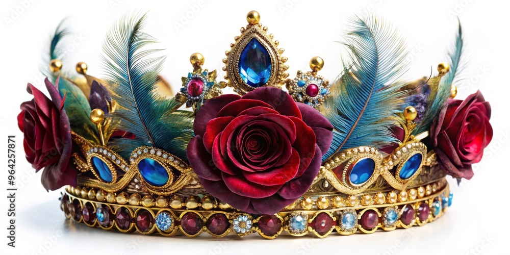 Fototapeta premium A lavish, intricate crown adorned with burgundy and blue feathers, diamonds, and a delicate rose, accented with a golden brim.