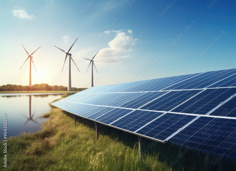 Solar Panel With Windmills in Background Solar Panel With Windmills in Background