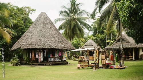 Cultural market featuring traditional thatched huts amid palm trees in a tropical location showcasing local crafts and textiles