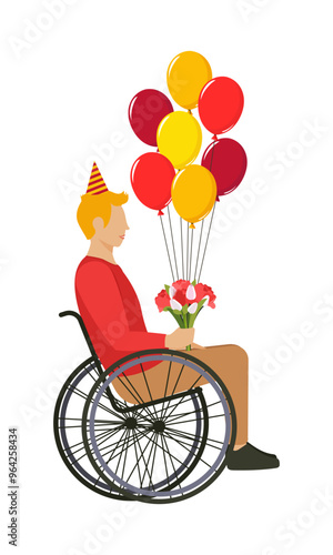 A man in a wheelchair came to the party with flowers and balloons. Flat style. Active lifestyle of people with disabilities. 
