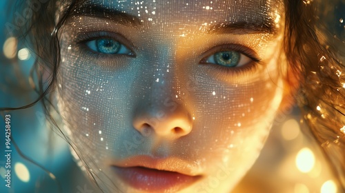 Close-Up of a Woman's Face with Ethereal Light and Digital Effects