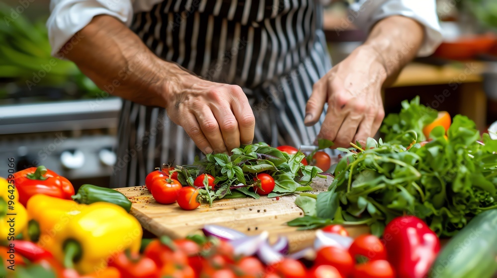 A chef is preparing fresh vegetables in a kitchen. A chef is preparing fresh vegetables in a kitchen.