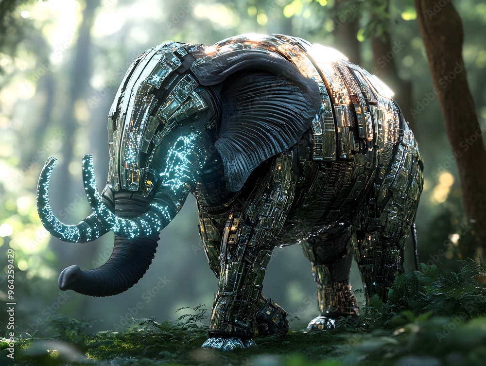 Fototapeta premium Sleek Mirrored Pachyderm Traverses Surreal Holographic Jungle with Luminescent Fractal Tusks