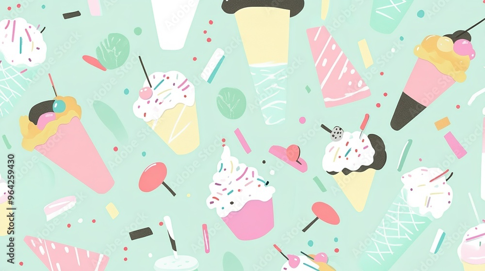 Colorful and playful ice cream patterns featuring cones, sundaes, and sprinkles on a mint green background Colorful and playful ice cream patterns featuring cones, sundaes, and sprinkles on a mint green background