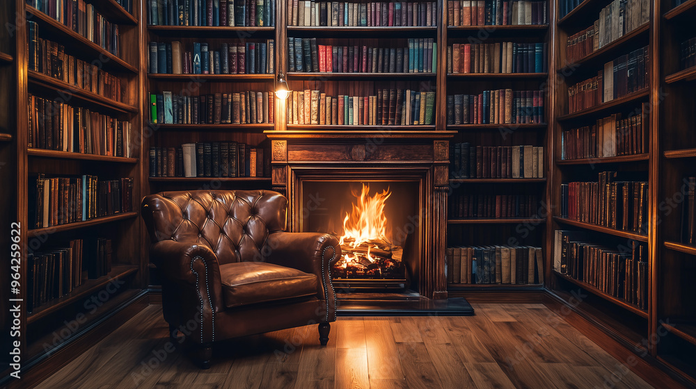 A traditional library with wooden bookshelves, a classic leather armchair, and a lit fireplace. The room exudes warmth and comfort, ideal for reading or relaxing A traditional library with wooden bookshelves, a classic leather armchair, and a lit fireplace. The room exudes warmth and comfort, ideal for reading or relaxing