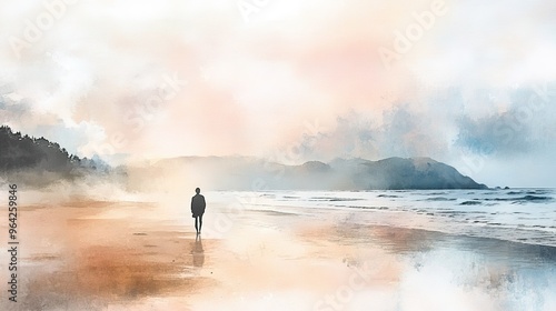 A solitary figure walks along a misty beach at dawn with gentle waves lapping at the shore and mountains in the background