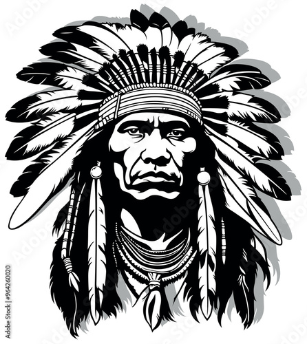 Drawing of Portrait of an Indian Chief from Front View