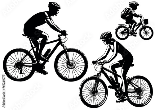 Cyclist Man and Woman and Child as a Silhouettes - Set of Black Illustrations Isolated on White Background, Vector