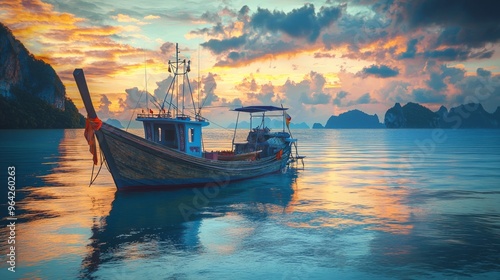 Traditional longtail boat anchored in the tranquil waters of a tropical bay at sunset. photo