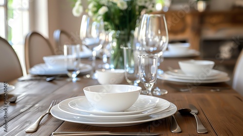 A close-up of a beautifully set table with white plates, silverware, and a vase of white flowers.