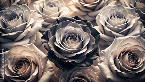 Delicate, velvety black and white roses with intricate petals and subtle texture, set against a soft, gradient background, exuding elegance and timeless beauty.