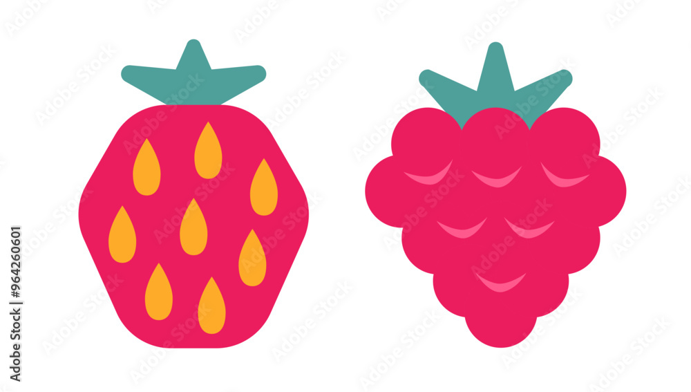 Vector set icons of geometric berries in flat style. Vector strawberry and raspbeery. Vector set icons of geometric berries in flat style. Vector strawberry and raspbeery.