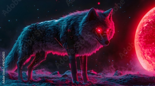 Technologically Augmented Wolf Howling at Neon Hued Lunar Landscape in Inspired Scene photo