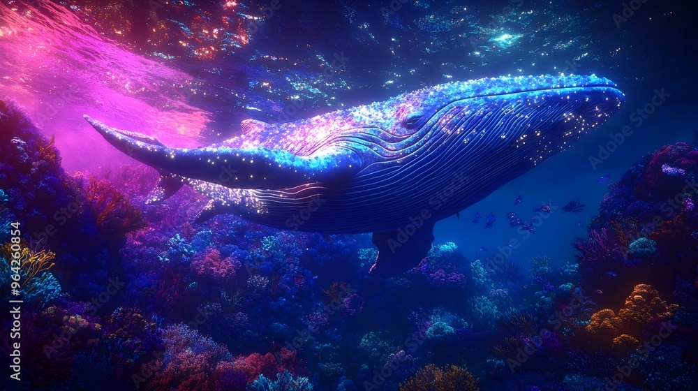 Majestic Blue Whale Gliding Through Luminous Seascape with Shimmering Scales Majestic Blue Whale Gliding Through Luminous Seascape with Shimmering Scales