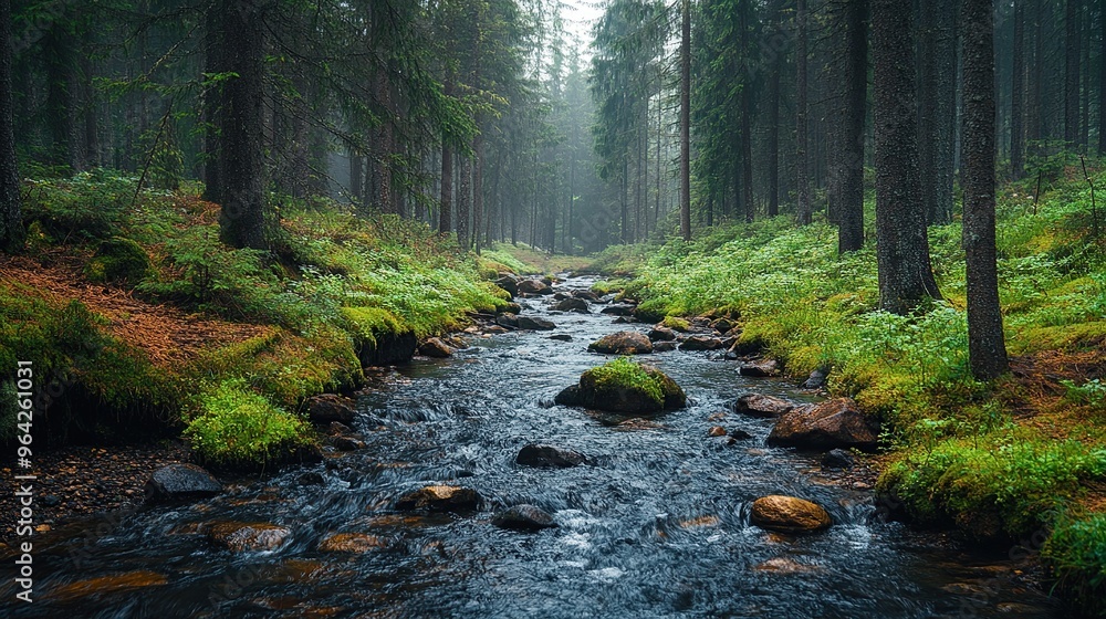 Serene Stream Flowing Through a Misty Forest Serene Stream Flowing Through a Misty Forest