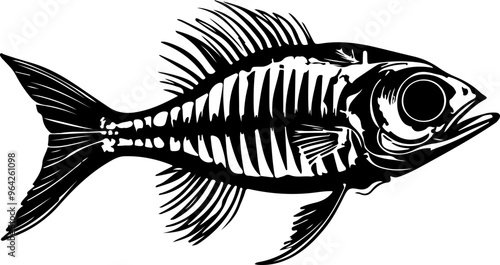 Illustration of a Fish Skeleton in Black and White
