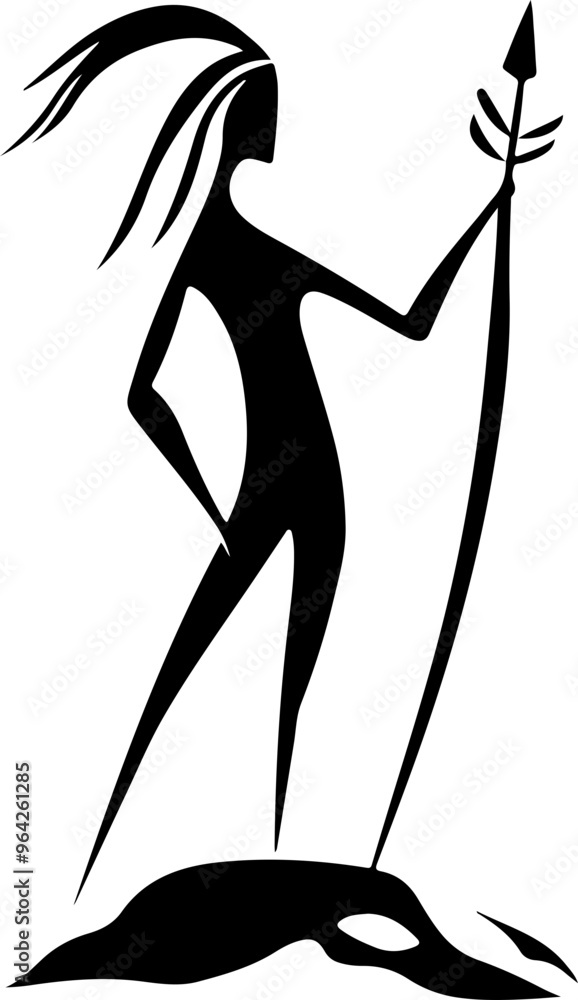 Stylized Warrior Figure with Spear and Prey Stylized Warrior Figure with Spear and Prey