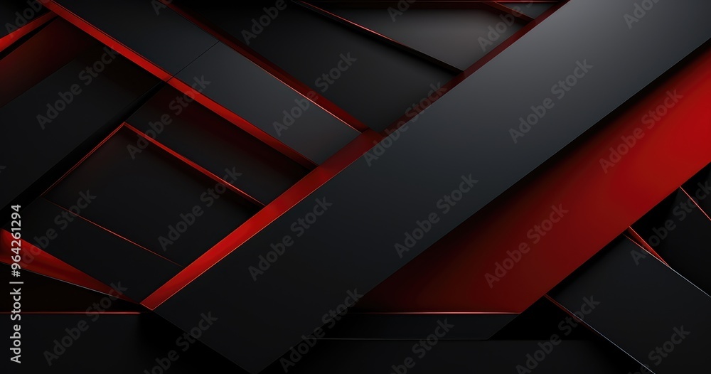 A modern abstract composition featuring overlapping black and red geometric shapes. A modern abstract composition featuring overlapping black and red geometric shapes.